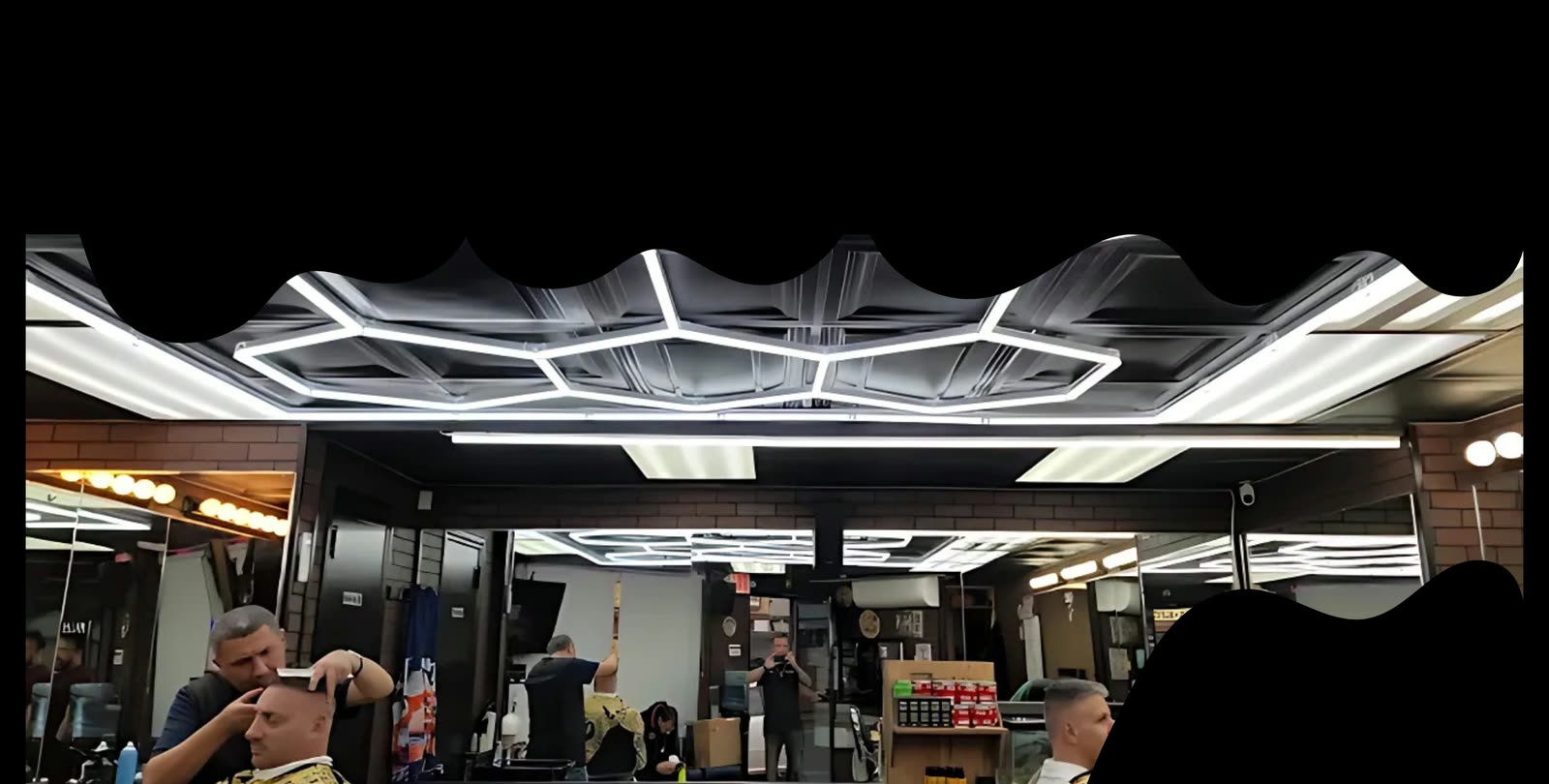 The full length of the shop under the hexagon ceiling