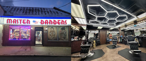 The storefront and the barbering floor inside